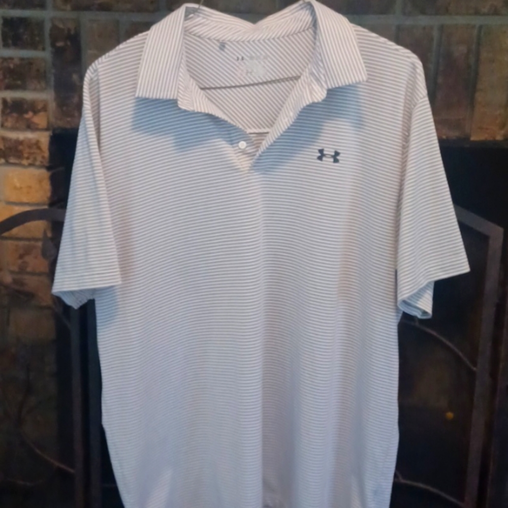 Under Armor gray and white striped dry fit golf polo shirt